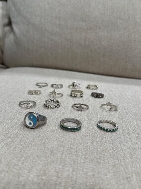 Silver Tone Yin Yang & Turquoise Accent Ring Set - Women Jewelry